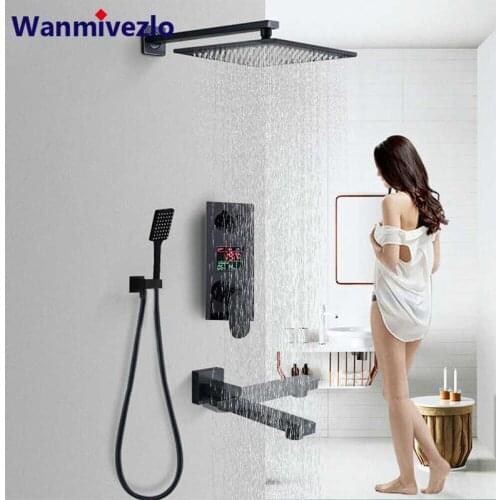 Black Bronze Bathroom Digital Display Shower Faucets Set Rainfall Shower Mixer Tap Bathtub Shower System Bath Shower MixerTap