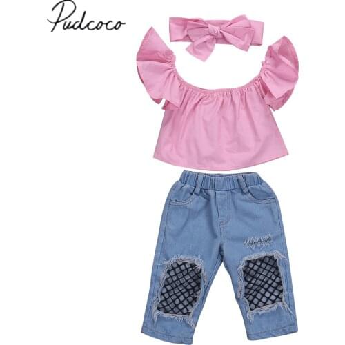Citgeett Summer Toddler Baby Kids Girls Off Shoulder Pink Tops+Denim Pants Outfits Set Clothes 1-6Y