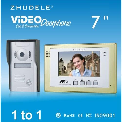 ZHUDELE Intercom System Doorbell 7" Color TFT LCD Monitor Video Door phone W/t 1 Waterproof Doorbell 700TVL Smart Camera 1V1