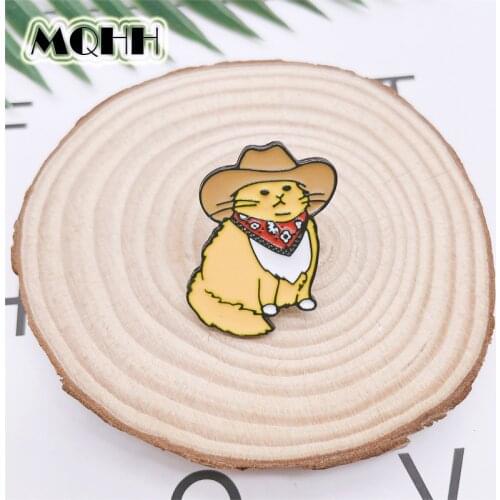 Cartoon Cute Animal Cat Cowboy Hat Enamel Brooch Alloy Badge Pin Clothes Bag Sweet Accessories Woman Jewelry Gift For Friends
