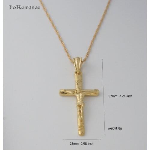 Foromance- YELLOW GOLD GP 18" WATER WAVE NECKLACE & CHRISTIAN RELIGION JESUS CROSS GOD PENDANT HANGS 57MM 2.24 inch