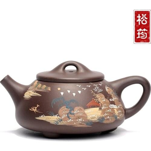 Chinese Exquisite Teapot Yixing Purple Sand Pot Handmade Pile Painted Jingzhou Stone Scoop Tea Kettle Kungfu Teaware Gift