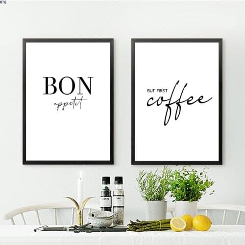 Kitchen Art Decor But First Coffee Posters Bon Appetit Print Black White Wall Art Canvas Painting Picture For Dining Hall