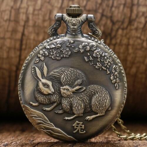China Zodiac 3D Rabbit Cute Full Hunter Round Quartz Pocket Watch Reloj De Bolsillo Gift for Woman Christmas Day