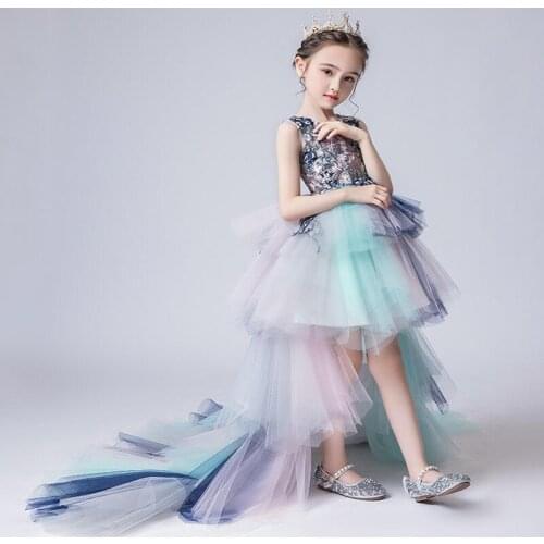 2020 Cute Flower Girl Dresses Jewel Neck High Low Girl Pageant Gown Cascading Ruffle Sweep Train Custom Made Birthday Gowns