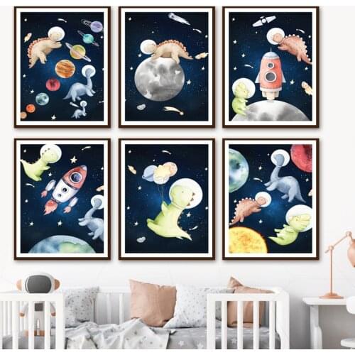Wall Pictures Kids Room Decor Space Astronaut Rocket Planet Cartoons Dinosaur Wall Art Canvas Painting Nordic Posters And Prints