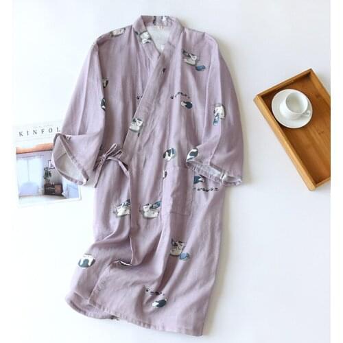 Spring / Summer Japanese Kimono Nightgown Men and Women Cotton Long Sleeve Robes Thin Loose Cartoon Couple Bathrobe Home Clothes
