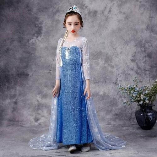 2021 New Blue Elsa Sequined Dress For Girls Princess Cosplay Costume Snow Queen Elza Vestidos Halloween Girls Clothes