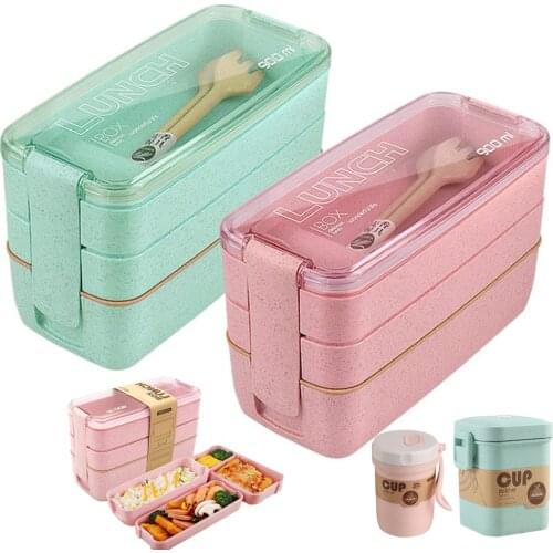 Health Material 3 Layers Lunch Box Microwavable Japanese Bento Food Container Eco-Friendly Wheat Straw 900ml Lunchbox