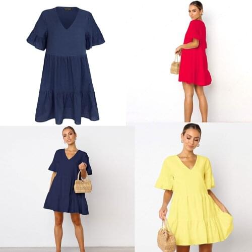 Casual Dress Womens Round Neck Party Summer Short Sleeve Loose Dress Elegant Fluffy Sleeve Dress Cotton Casual Dress