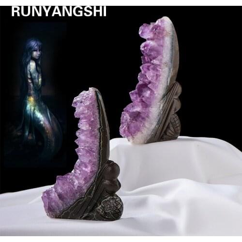 Natural Raw Amethyst Mermaid Girl Quartz Purple Crystal Cluster Healing Stones Specimen Hand carved ornaments for gifts