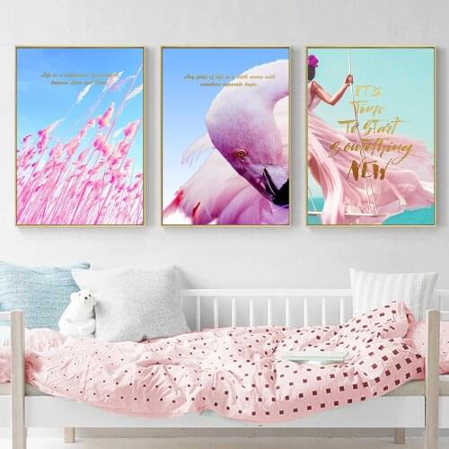Pink Beautiful Flamingo Skirt Rush Oil Painting Picture Poster Canvas Print Painting Wall Art Living Room Home Decoration