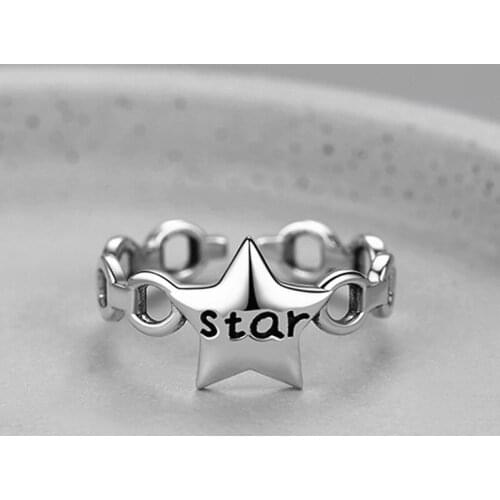 925 Sterling Silver Pentagram Thai Silver Ring Retro Lock Chain Letter Open Adjustable Ring Jewelry for Women Gifts S-R588