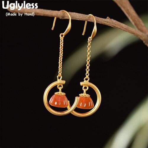 Uglyless Lotus Dangle on Moon Earrings for Women Gold Plated Real 925 Sterling Silver Earrings Natural Agate Lotus Brincos E1325