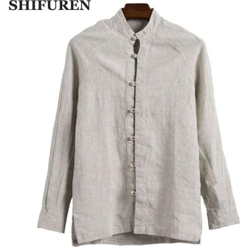 SHIFUREN Breathable Men Linen Shirts Long Sleeve Retro Chinese Style Mandarin Collar Traditional Kung Fu Casual Social Shirts