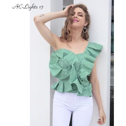 Sexy Low Cut Tops One Shoulder Strapless Tank Top Women Bustier Ruffle Striped Crop Top Sleeveless Backless Short Summer