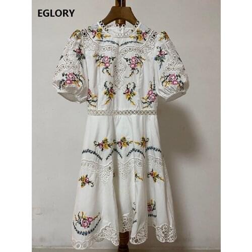 Top Quality Designer Dress 2021 Spring Summer Party Club Women Crochet Lace Embroidery Patchwork Short Sleeve Cotton Dress