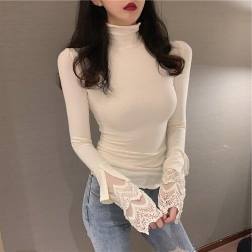 Turtleneck bottoming shirt womens 2021 spring new foreign style all-match tight-fitting lace stitching tops
