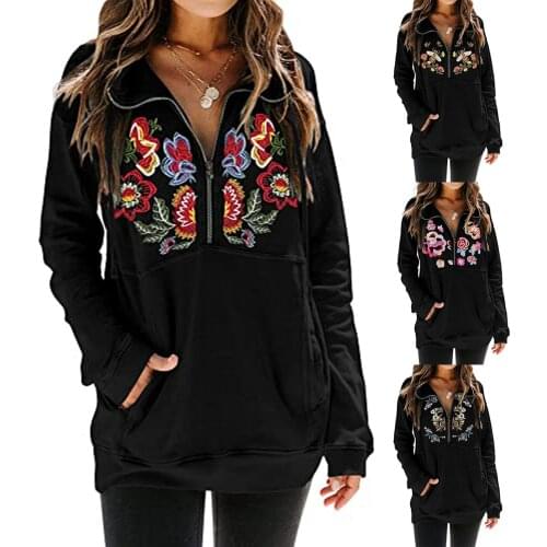 2021 Womens Oversized Hoodie Casual Zipper Lapel Sweatshirts Embroidered Floral Long Sleeve Tops Autumn Streetwear pull femme