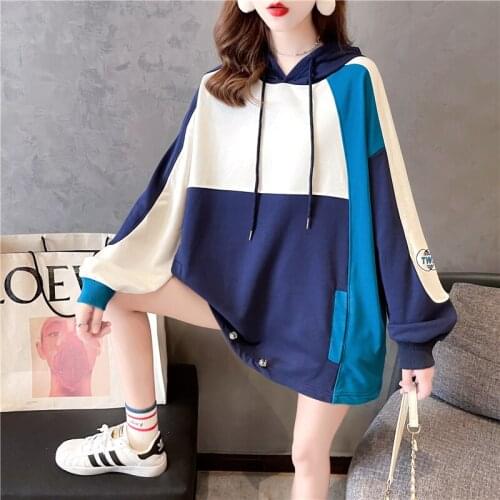 2021 Womens Spring Autumn Thin Long Sleeve Hoodies Korean Version Loose Patchwork Design Top Harajuku Casual Hooded Sweatshirt