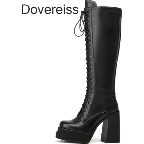 Dovereiss Fashion Womens Shoes Winter Goth Platform Zipper Cross Lacing Genuine Leather Knee High Boots Block Heels New 40 41