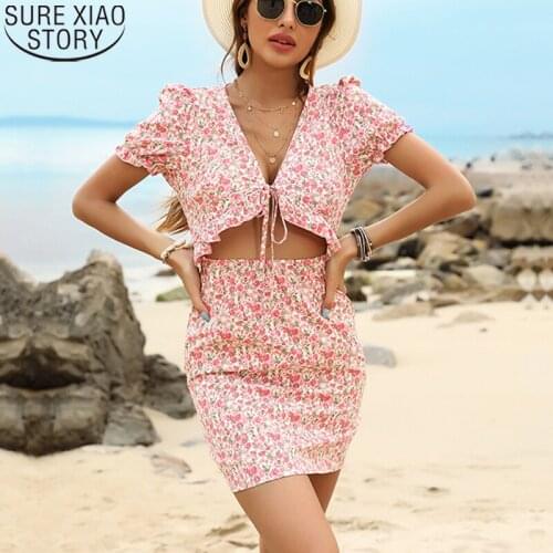 Casual Floral Print Dress Beach Style Women Holiday Pencil Dress Summer Hollow Out Lace-Up Zipper Short Sleeve Dresses 14976