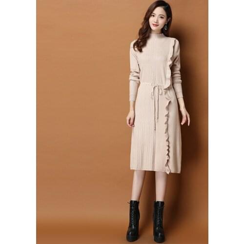 New Arrival 2020 Autumn Winter Women Dress Korean Fashion Ruffles Knitted Sweater Dress Loose Casual Base Dress