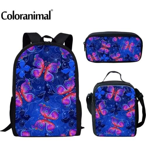 Coloranimal Pretty Butterflies Print School Bag 3pcs for Students Boys Girls School Backpacks Shoulder Bagpack Children Bookbag