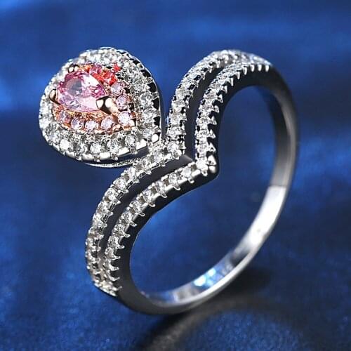 925 Silver Jewelry Romantic Stackable Crown Heart Pink Crystal Zirconia Finger wedding Rings for Women