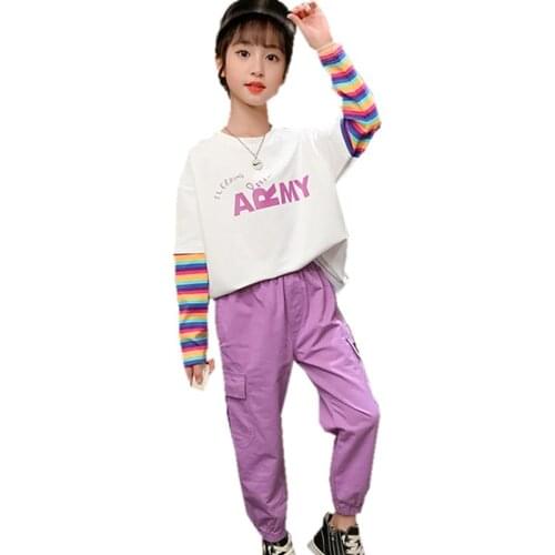 Children Clothing Spring Teen Girls Sports Clothes Set Rainbow Striped Long Sleeve Tops + Purple Cargo Pants 2PCS Kids Tracksuit