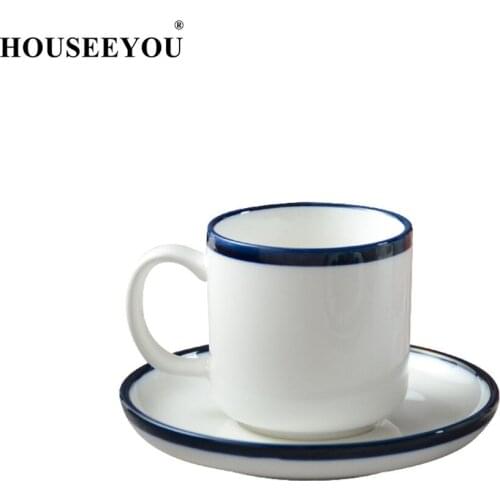 HOUSEEYOU Nordic Simple Blue Margin Coffee Cup Saucer Set Teacups Ceramic Cup Mug Advanced Porcelain Valentine Afternoon Tea Cup