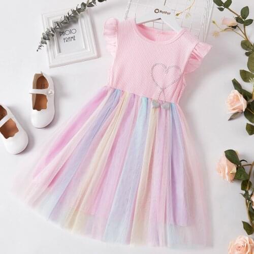 PatPat Beautiful Kid Girl Princess Fly Sleeve Heart Rainbow Mesh Dress