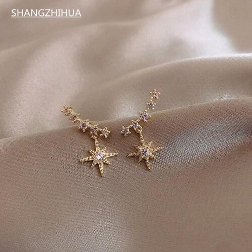 SHANGZHIHUA European Trend Fashion Luxury Zircon Octagon Pendant Temperament Earrings for Womens Unusual Jewelry Gift