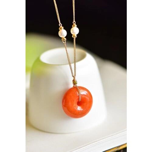 SHIQING Fine jewelry Red Jadeite Burma jade natural coral pendent necklace earrings bracelet set Only one sale