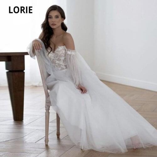 LORIE Boho Wedding Dresses off the Shoulder Appliques Lace Long Puff Sleeves Corset Backless Wedding Gown Beach Bridal Dress