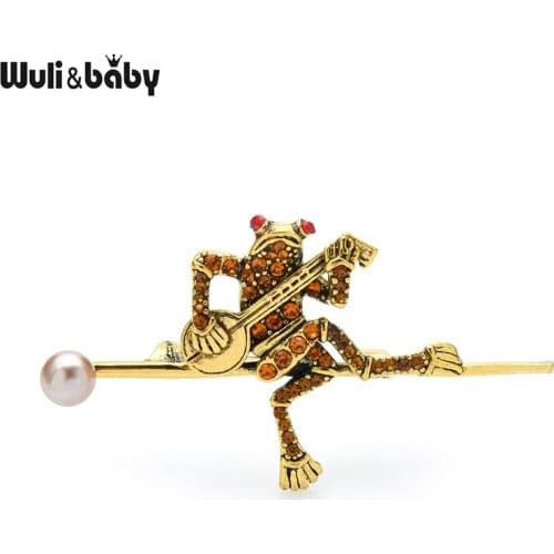 Wuli&baby Vintage Playing Guitar Frog Brooches For Women Designer Cute 2-color Rhinestone Music Animal Party Office Brooch Pins