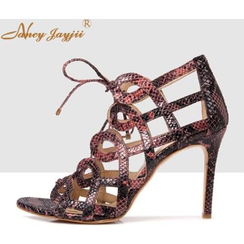 Women Shoes Ladies Sandals Animal Print Ankle Strap Lace-Up Wedding/Party Super High thin heels Novelety Elegant Fashion 2019
