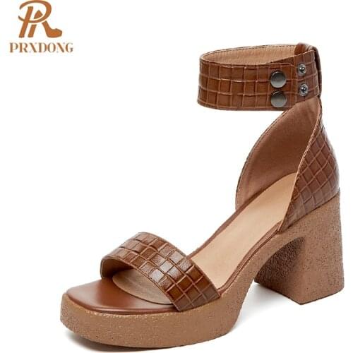 Genuine Leather Women Sandals Shoes 2021 New Fashion Square High Heels Dress Party Shoes Summer Platform Ladies Pumps Size 34-39