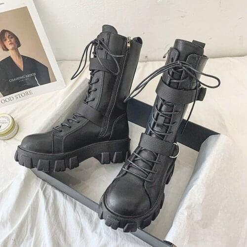 Women Luxury Mid Calf Boots Lace Up Platform Ladies Fashion Casual Zipper Pu Leather Shoes Woman Female Footwear Non Slip