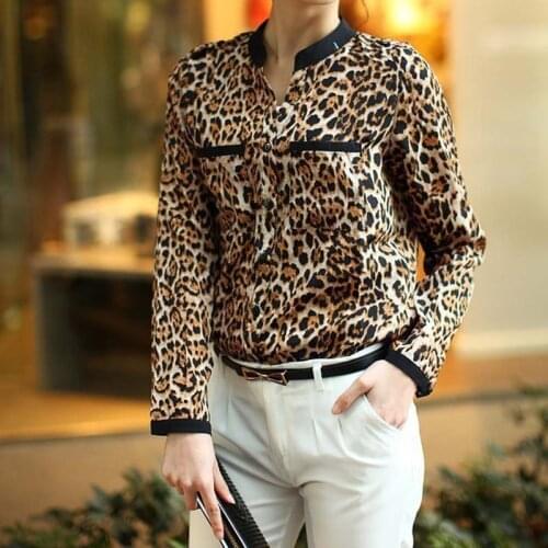 Women Shirts Leopard Print Long Sleeve Chiffon Shirt Slim Casual Fashion Stitching Blouses M Camiseta Mujer Verano #P3