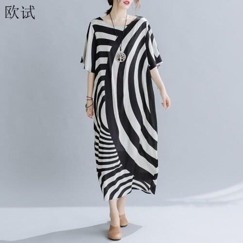 Plus Size Striped Satin Dress Women Summer Batwing Sleeve Ladies Dresses Loose Vintage Beach Casual Korean Dress 2021 Robe Femme