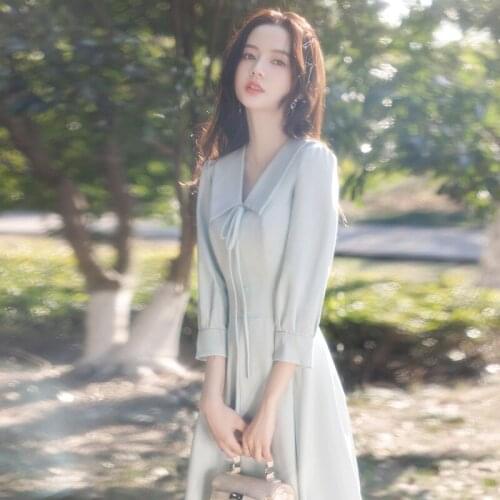 Women Simple Green Long Sleeve Evening Dress 2021 Summer Elegant A Line Long Formal Party Gown Daily Wear