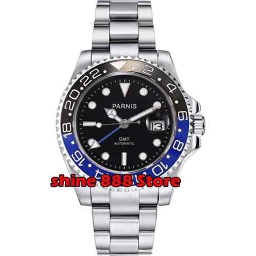 40mm PARNIS Black Dial Luminous Sapphire Glass GMT Automatic Mens Luxury Brand Top Mechanical Watch