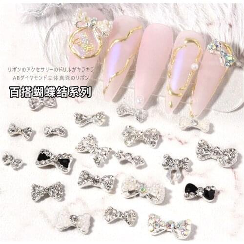 50Pcs Strass Nail Diamond Rhinestones Mixed Pearl Charms Bowknot Jewelry AB Glitter Nailart Supplies Manicure Bow Alloy Stones
