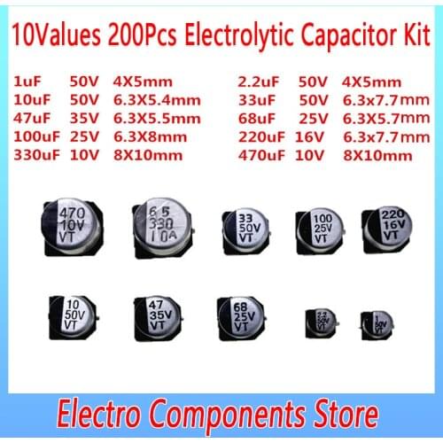 200Pcs/Lot 10Value 1UF~470UF 10V-50V SMD Aluminum Electrolytic Capacitors Assortment Kit SMD Electrolytic Capacitor Assorted Set