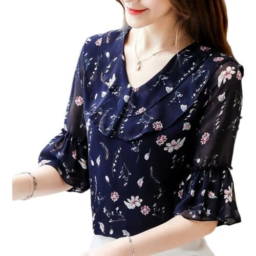 Blusas Plus Size Womens Tops and Blouses Fashion 2021 summer Ladies Tops V-neck Chiffon Blouse Floral Ruffles Elegant Shirt