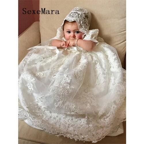 Ivory White Long Christening Gown for Baby Girls Lace Pearls Short Sleeve Baptism Dress with Bonnet