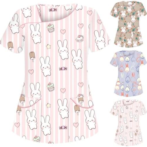 Nurse Uniform Enfermera Scrubs Women Easter Bunny Printed Short Sleeved V-neck Tops Pocket Blouse Shirt медицинская одежда q5
