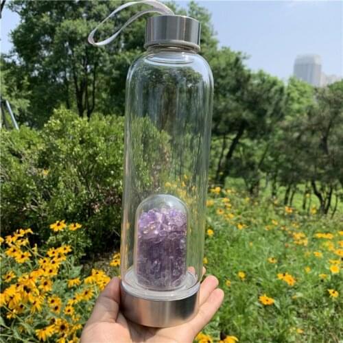 Hot sale 550ml natural amethyst quartz gravels reiki healing stone elixir crystal water bottle tools as gift