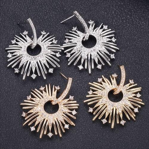JANKELLY luxury SUN FLOWER Shape Long Earrings Cubic Zirconia Women Wedding Big Earrings Bijoux